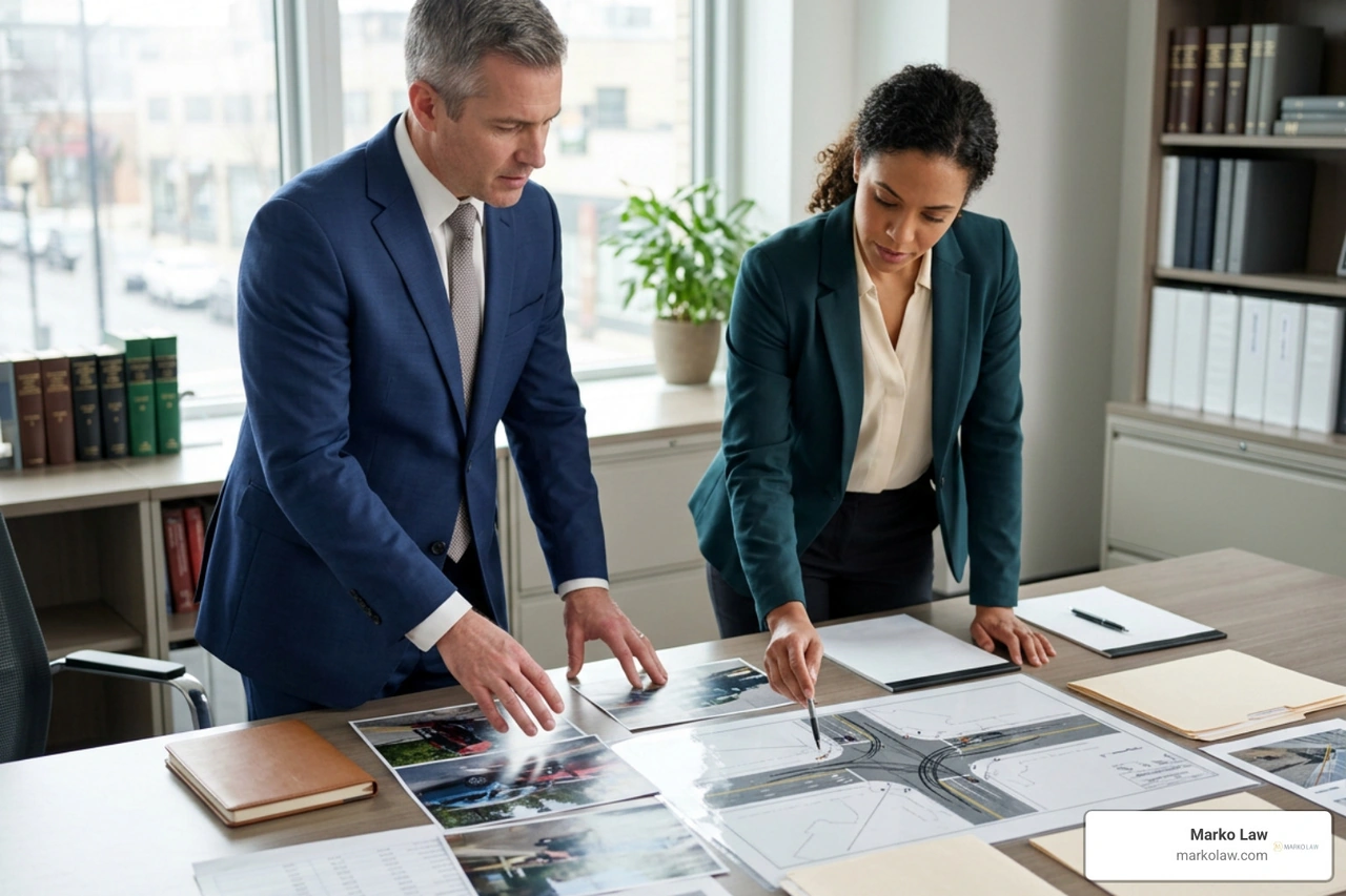 Trial attorney reviewing evidence with reconstructionist Trial attorney reviewing evidence with reconstructionist