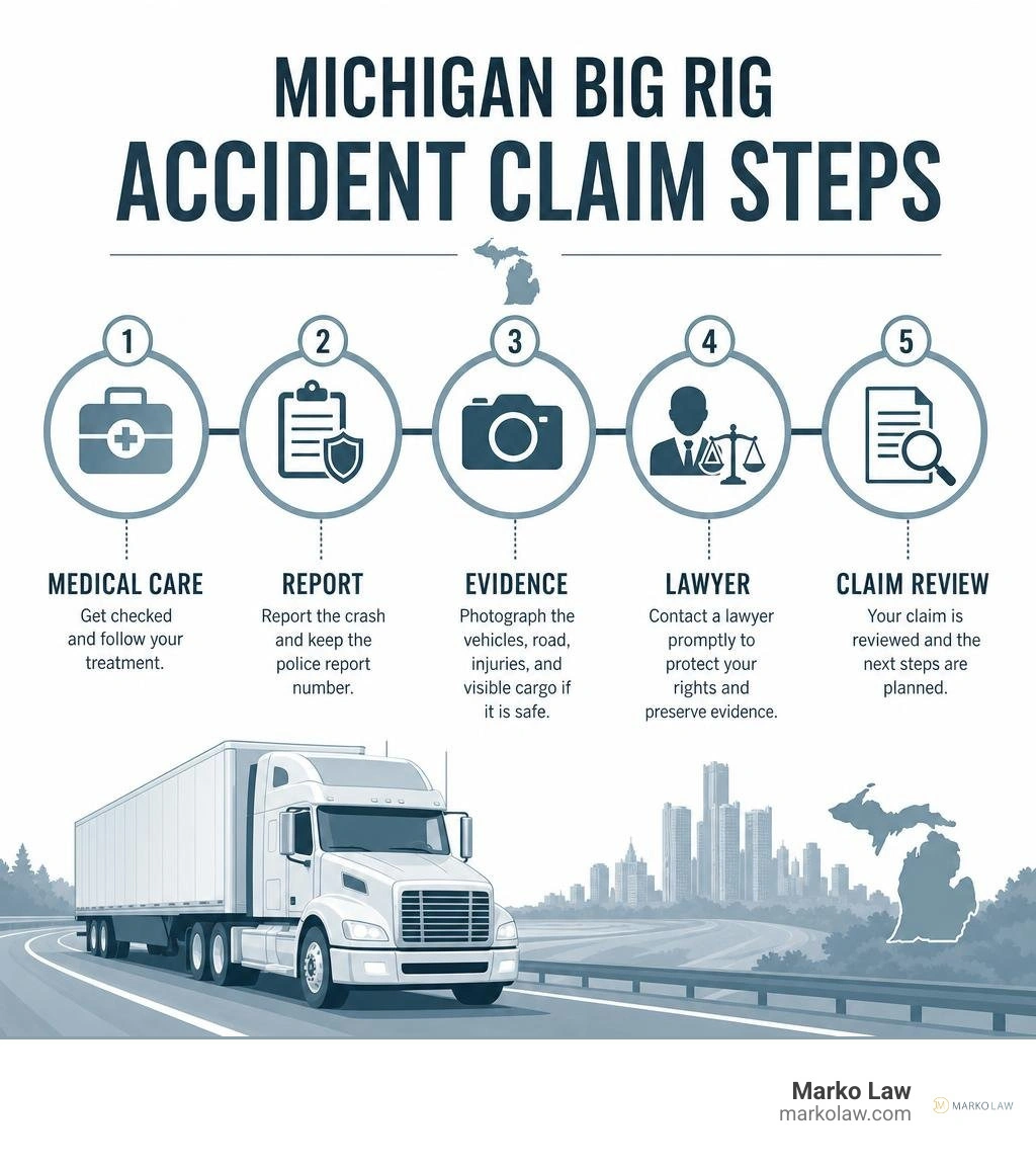Michigan big rig accident claim steps: medical care, report, evidence, lawyer, claim review infographic Michigan big rig accident claim steps: medical care, report, evidence, lawyer, claim review infographic