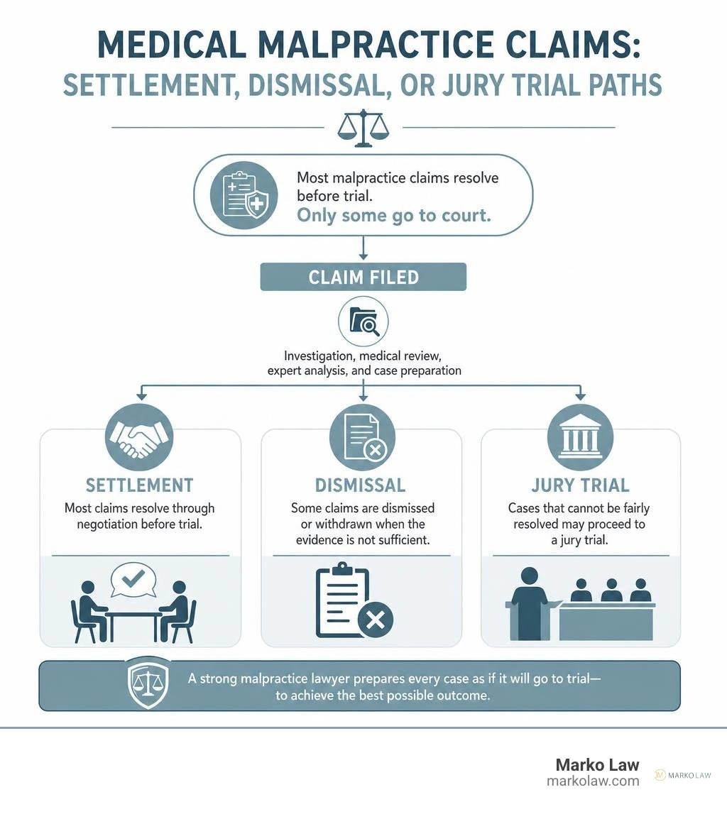 Medical malpractice claims: settlement, dismissal, or jury trial paths infographic Medical malpractice claims: settlement, dismissal, or jury trial paths infographic