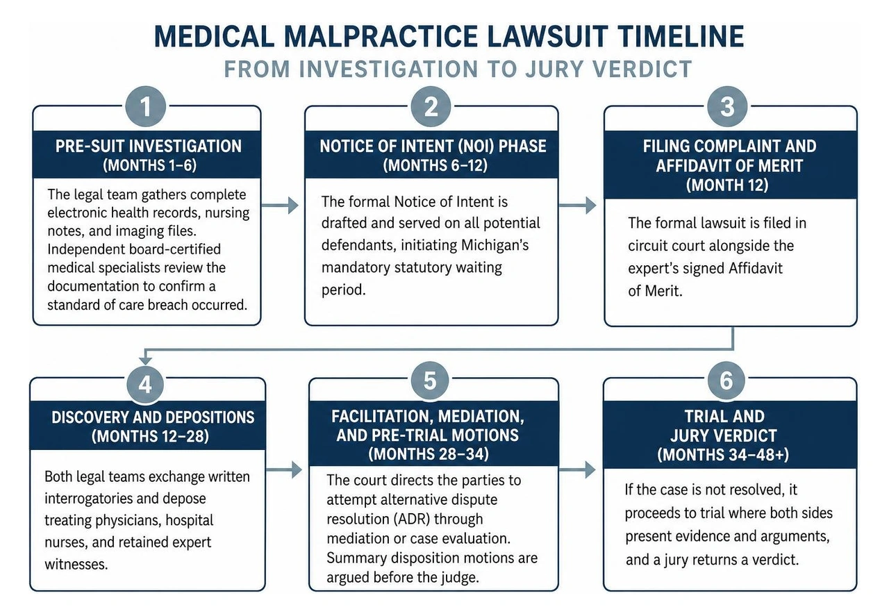 Medical malpractice lawsuit timeline from investigation to jury verdict Medical malpractice lawsuit timeline from investigation to jury verdict