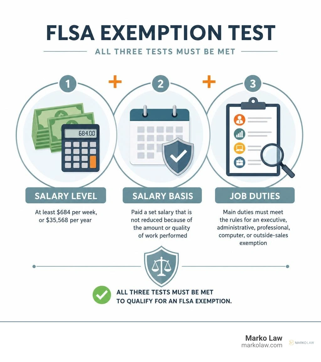 FLSA exemption test showing salary level, salary basis, and job duties infographic FLSA exemption test showing salary level, salary basis, and job duties infographic