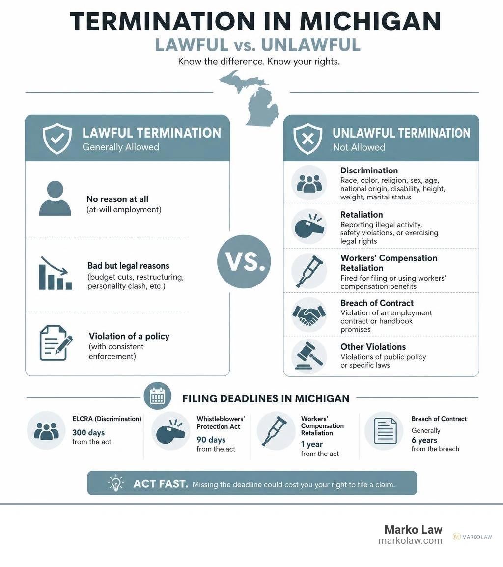 Infographic comparing lawful vs. unlawful termination in Michigan with key protected categories and filing deadlines, with Infographic comparing lawful vs. unlawful termination in Michigan with key protected categories and filing deadlines, with