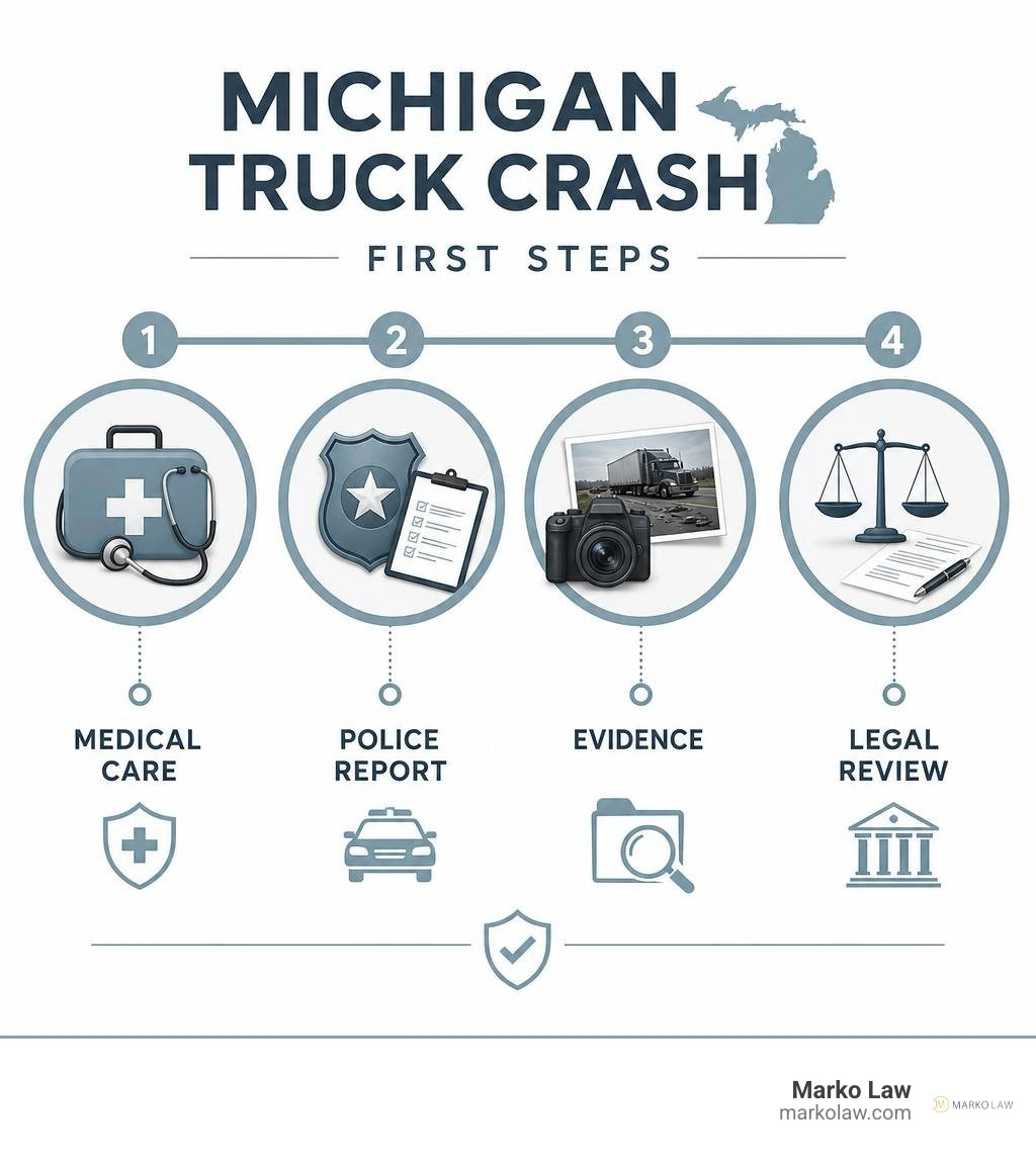 Michigan truck crash first steps: medical care, police report, evidence, legal review infographic Michigan truck crash first steps: medical care, police report, evidence, legal review infographic