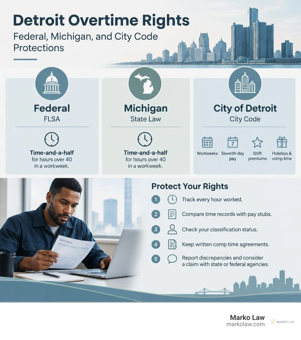 Detroit overtime rights: federal, Michigan, and City Code protections infographic Detroit overtime rights: federal, Michigan, and City Code protections infographic