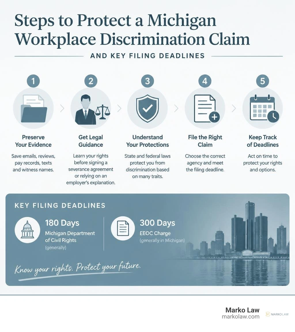 Steps to protect a Michigan workplace discrimination claim and key filing deadlines infographic