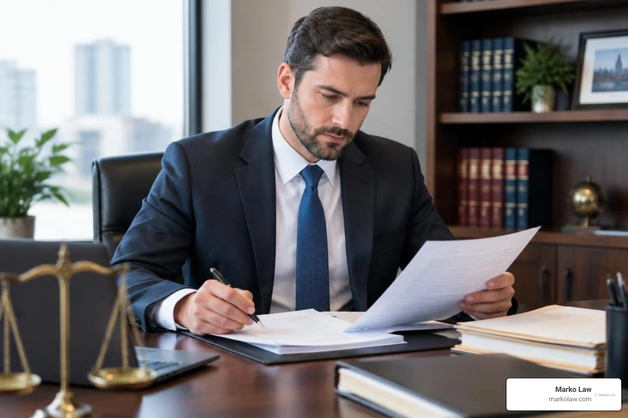 Attorney reviewing employment records and discovery files