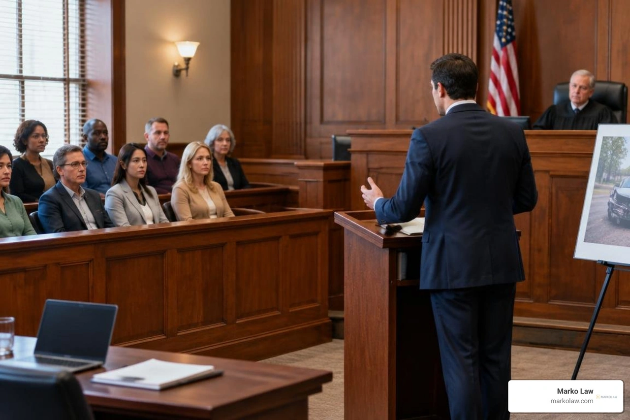 Courtroom advocate presenting evidence to a civil jury