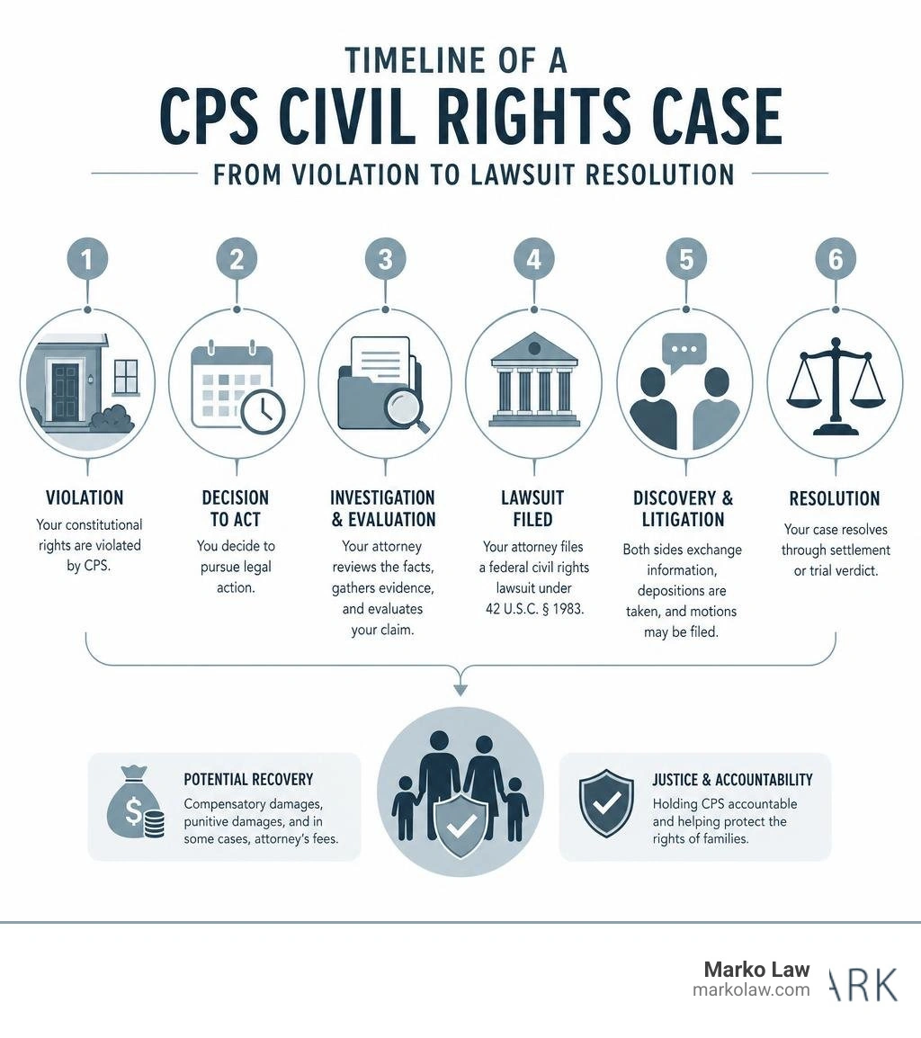 Timeline of a CPS civil rights case from violation to lawsuit resolution infographic Timeline of a CPS civil rights case from violation to lawsuit resolution infographic