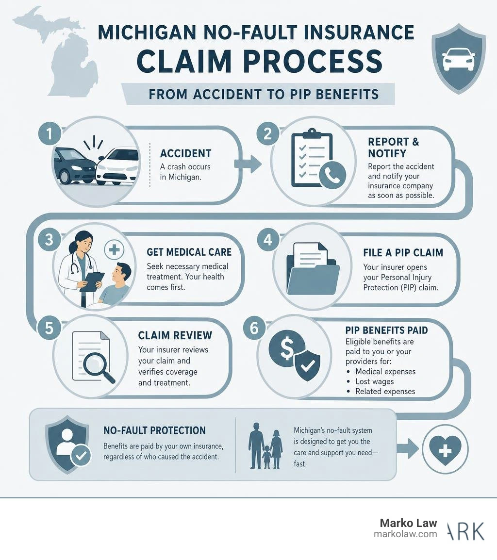 Michigan no-fault insurance claim process flowchart from accident to PIP benefits infographic Michigan no-fault insurance claim process flowchart from accident to PIP benefits infographic