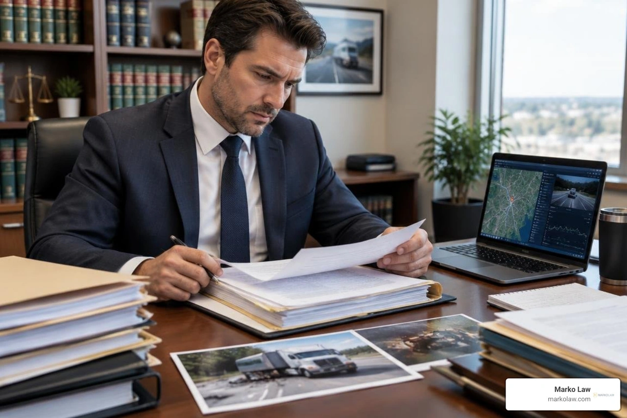 Trial attorney reviewing commercial crash evidence and fleet compliance files Trial attorney reviewing commercial crash evidence and fleet compliance files
