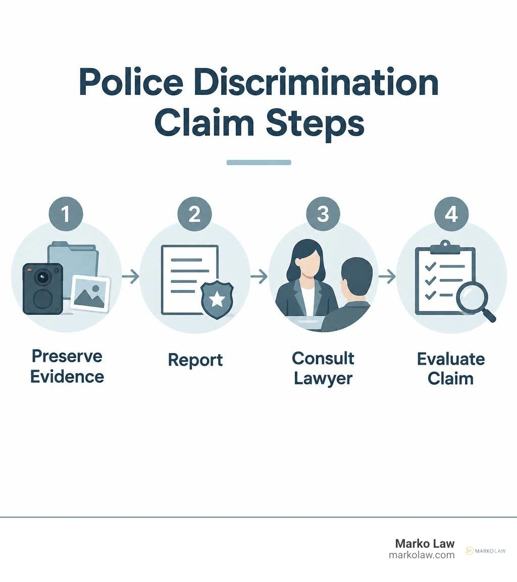 Police discrimination claim steps: preserve evidence, report, consult lawyer, evaluate claim infographic Police discrimination claim steps: preserve evidence, report, consult lawyer, evaluate claim infographic