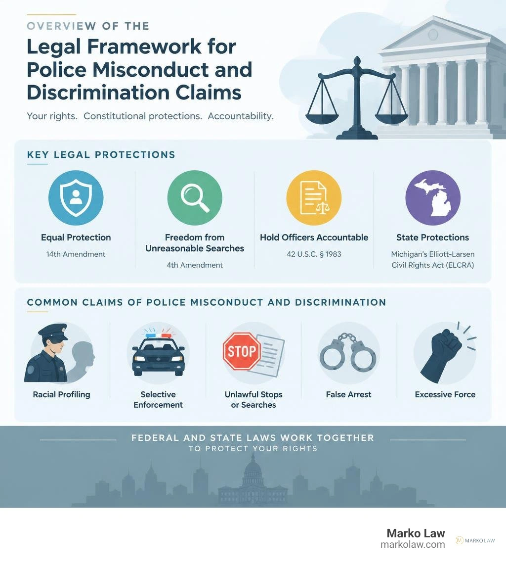 Overview of legal framework for police misconduct and discrimination claims infographic Overview of legal framework for police misconduct and discrimination claims infographic