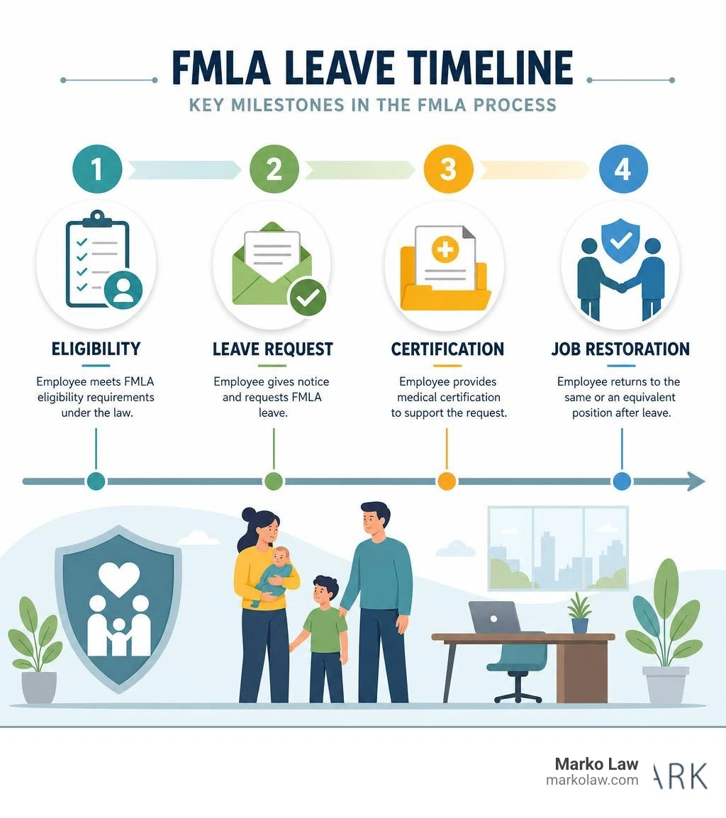 FMLA timeline showing eligibility, leave request, certification, and job restoration milestones infographic FMLA timeline showing eligibility, leave request, certification, and job restoration milestones infographic