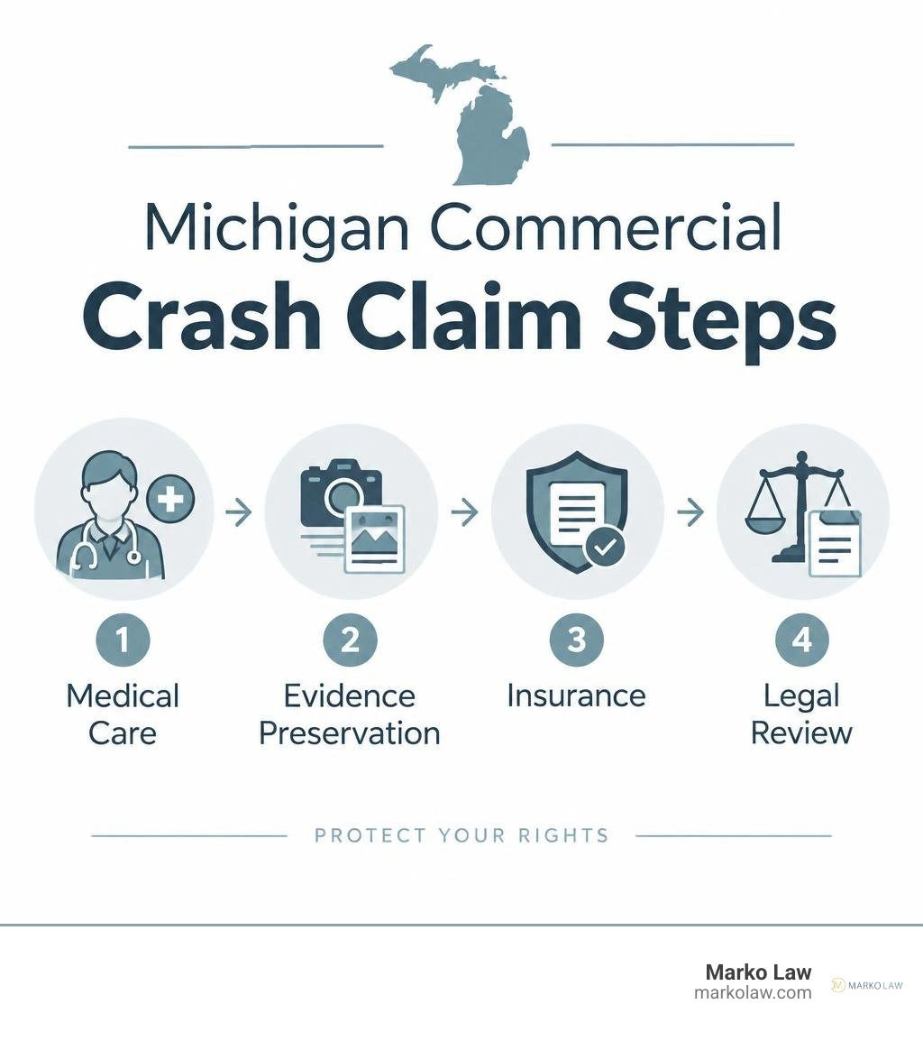 Michigan commercial crash claim steps: medical care, evidence preservation, insurance, legal review infographic
