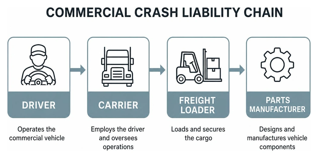 Commercial crash liability chain: driver, carrier, freight loader, parts manufacturer