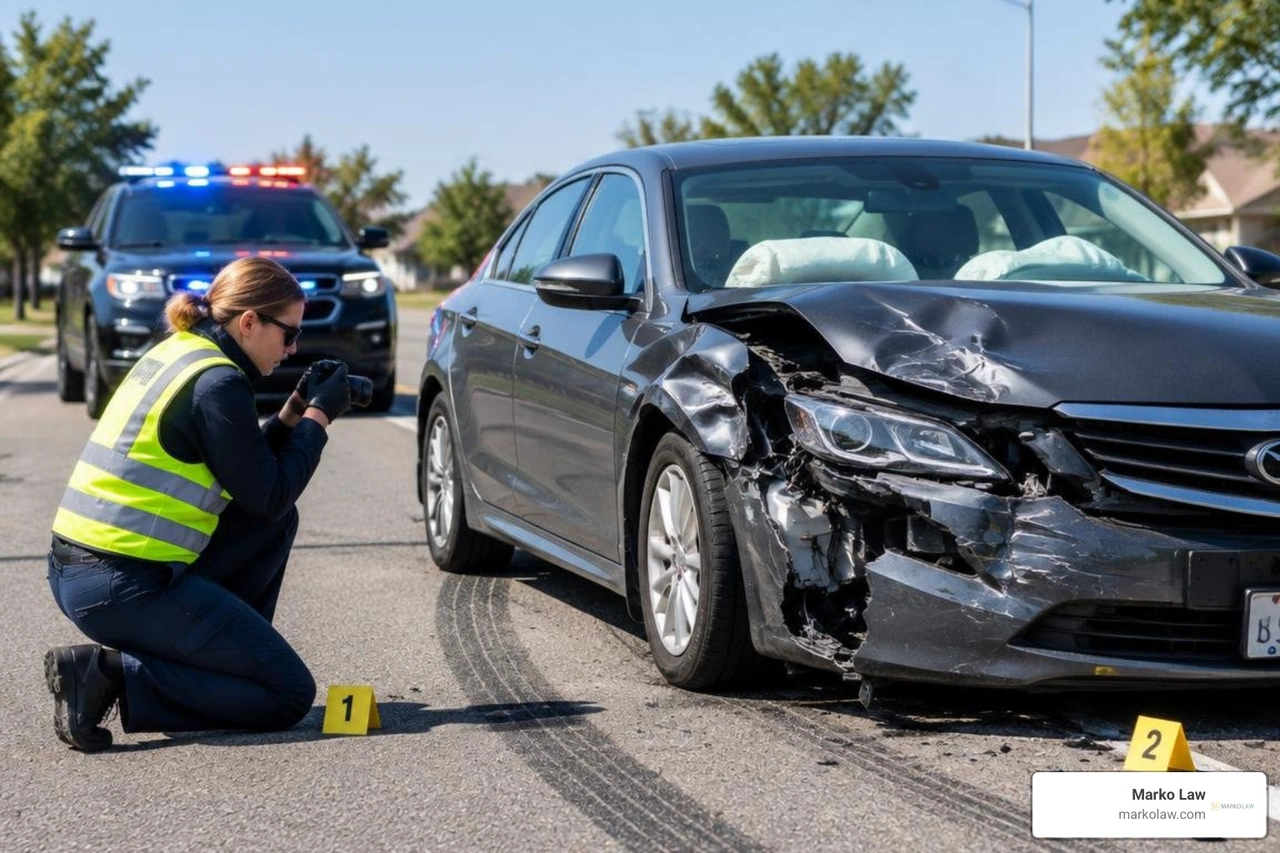 Crash scene documentation showing evidence collection and vehicle damage inspection