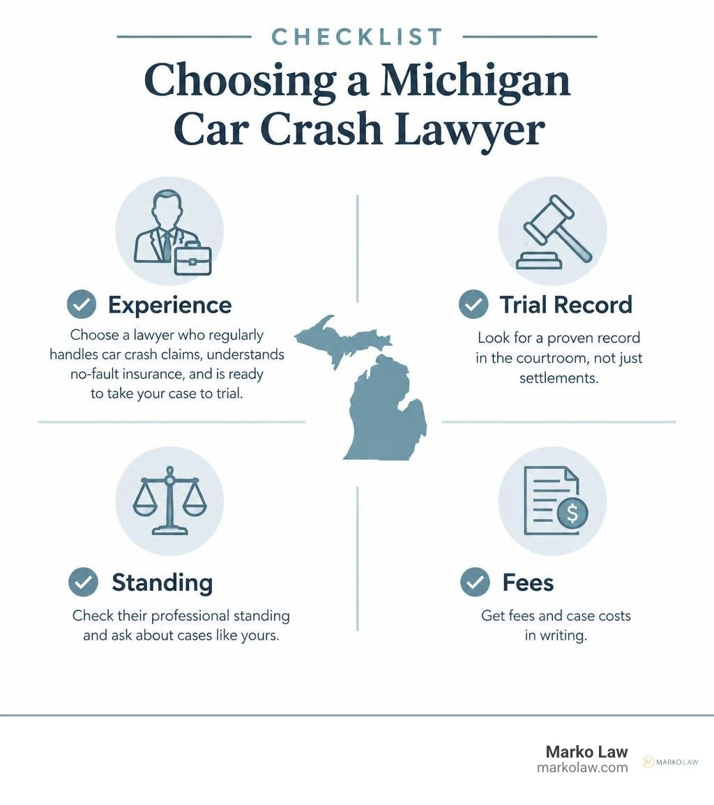 Checklist for choosing a Michigan car crash lawyer: experience, trial record, standing, and fees infographic