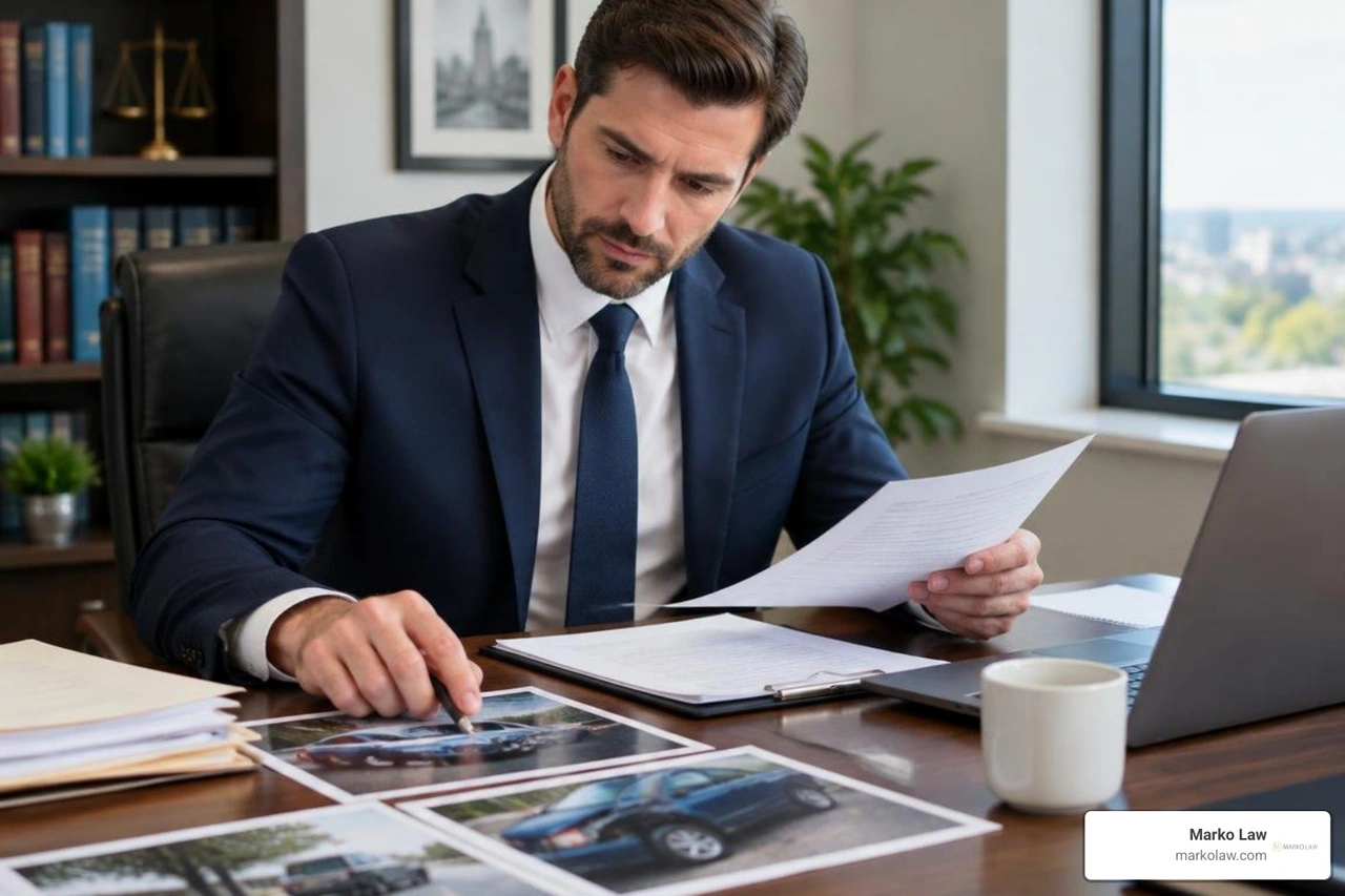 Personal injury attorney reviewing accident evidence and medical records