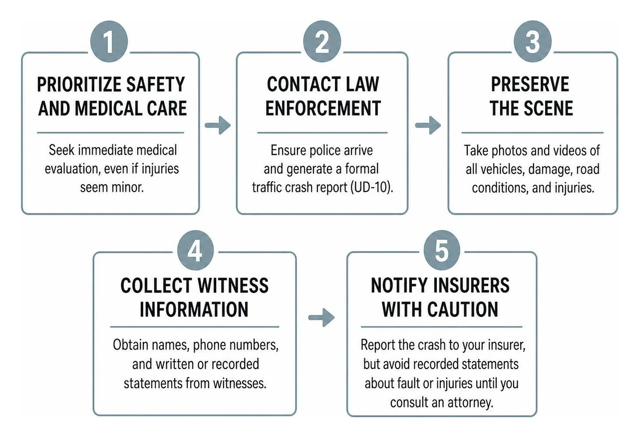 Step-by-step sequence of critical actions to take immediately following a vehicle collision