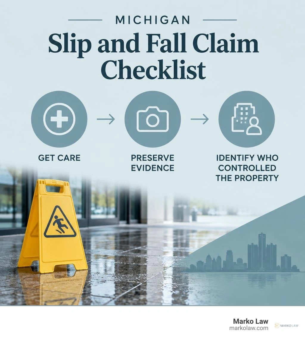 Michigan slip and fall claim checklist: get care, preserve evidence, identify who controlled the property infographic