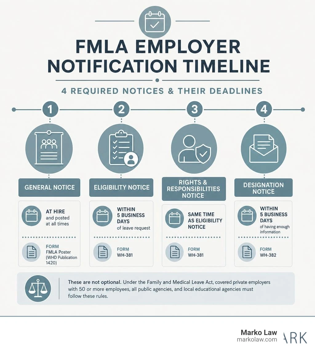 FMLA employer notification timeline showing four required notices and their deadlines infographic FMLA employer notification timeline showing four required notices and their deadlines infographic