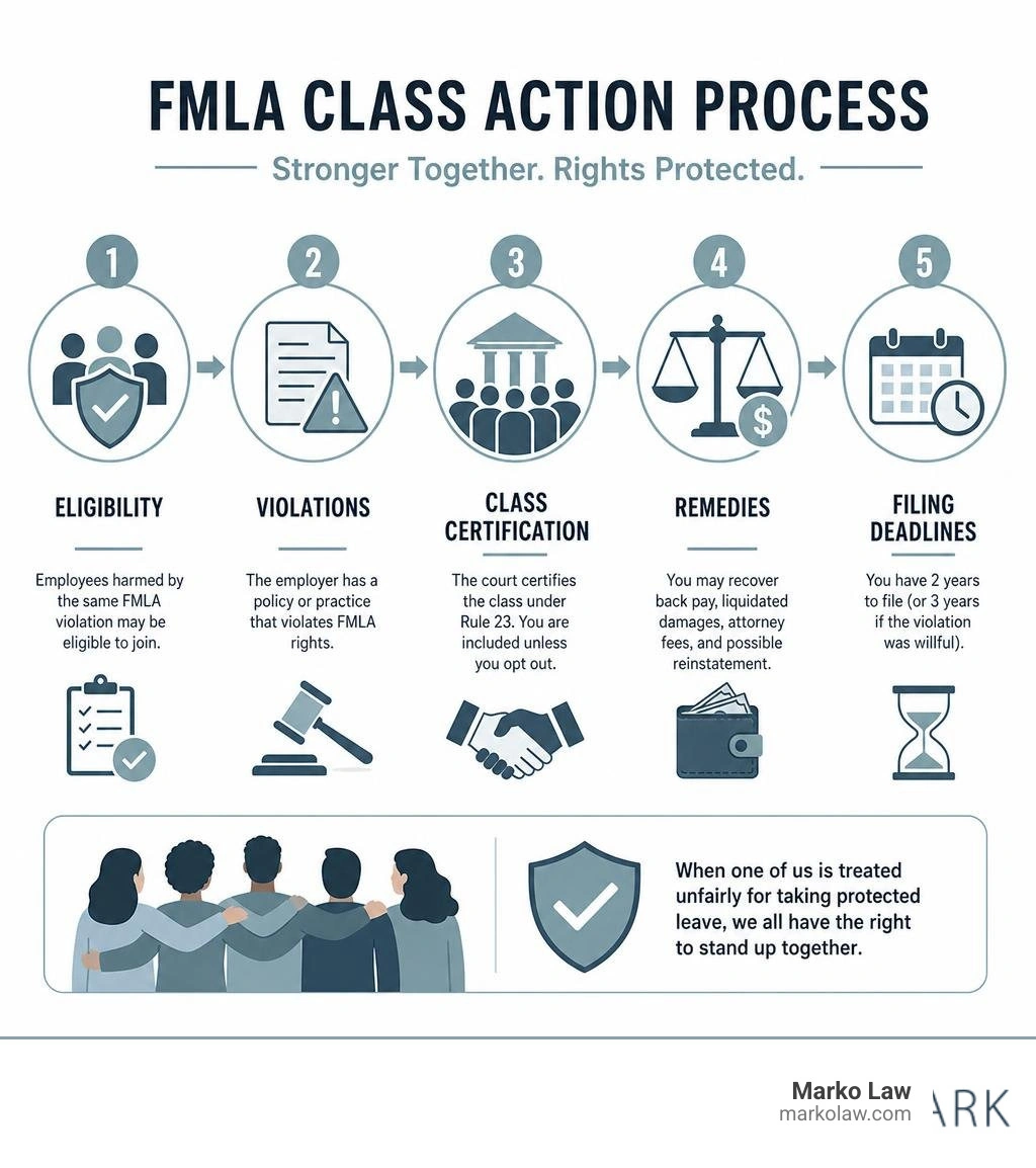 FMLA class action process: eligibility, violations, class certification, remedies, filing deadlines infographic FMLA class action process: eligibility, violations, class certification, remedies, filing deadlines infographic