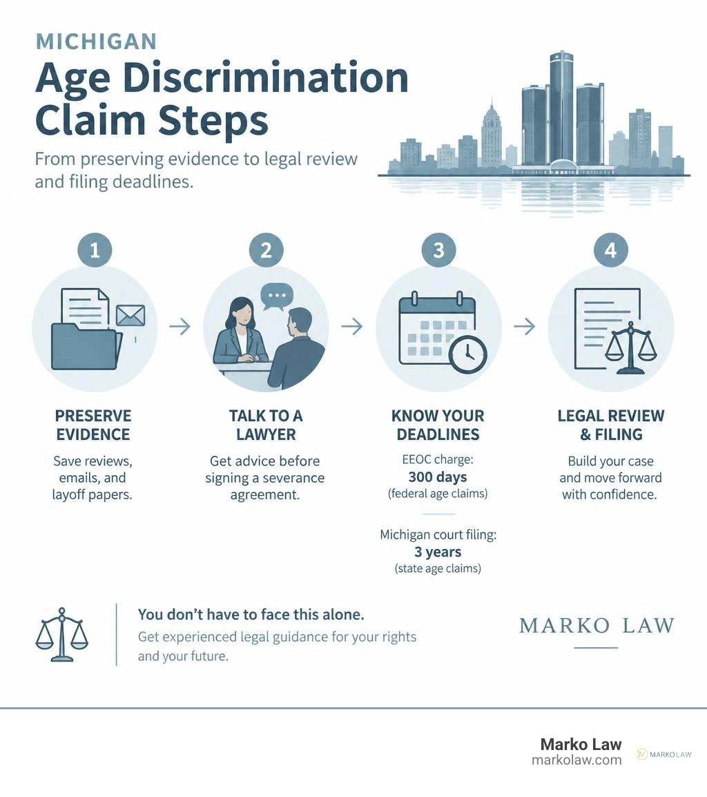 Michigan age discrimination claim steps from preserving evidence to legal review and filing deadlines infographic Michigan age discrimination claim steps from preserving evidence to legal review and filing deadlines infographic