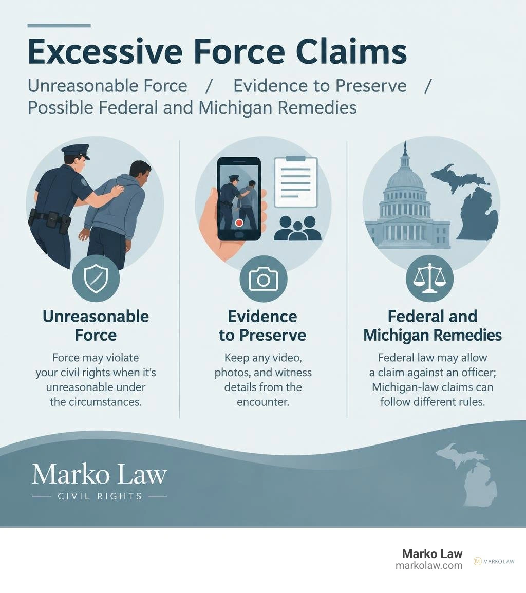 Excessive force claims: unreasonable force, evidence to preserve, and possible federal and Michigan remedies infographic Excessive force claims: unreasonable force, evidence to preserve, and possible federal and Michigan remedies infographic