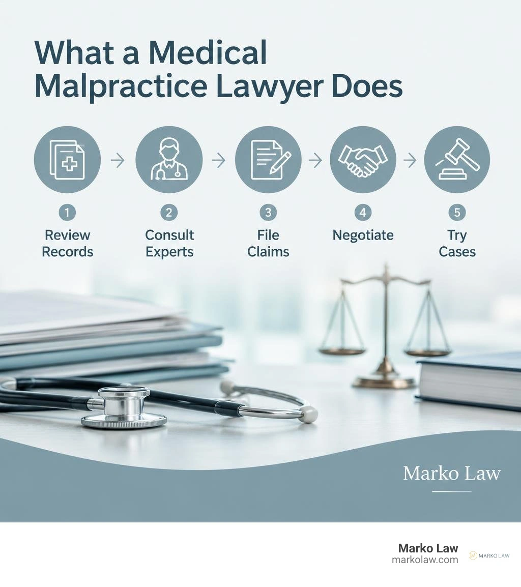 medical malpractice lawyer tasks: review records, consult experts, file claims, negotiate, and try cases infographic medical malpractice lawyer tasks: review records, consult experts, file claims, negotiate, and try cases infographic