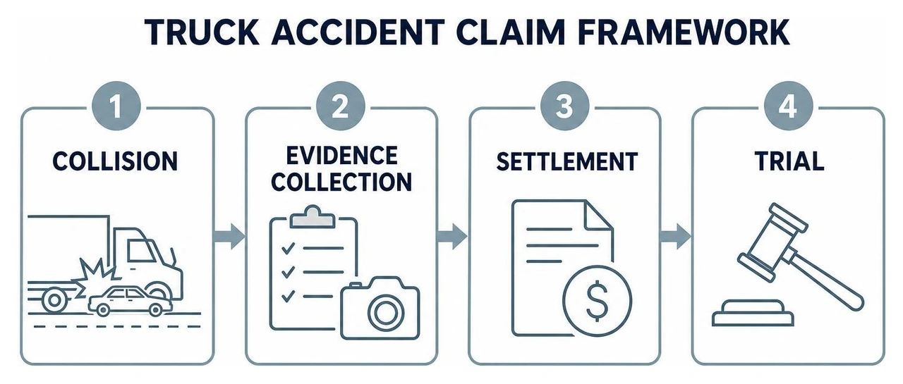 Truck accident claim framework showing collision evidence collection settlement trial Truck accident claim framework showing collision evidence collection settlement trial