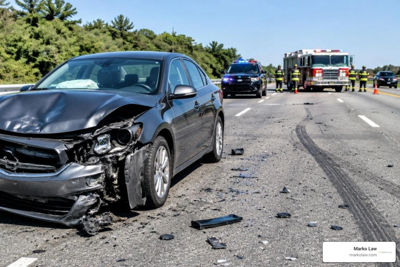 Accident scene crash investigation with skid marks and debris