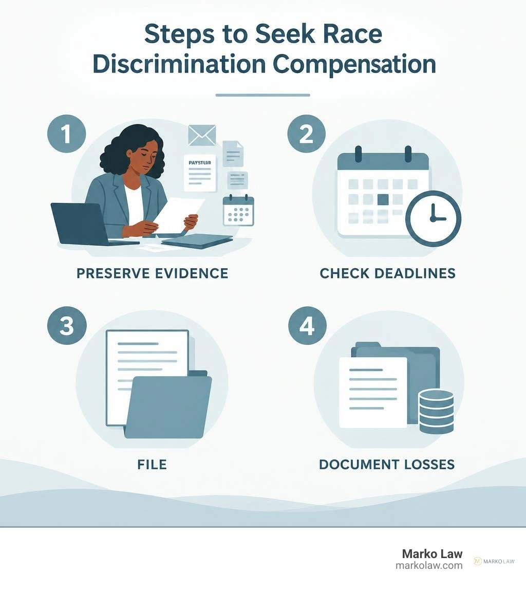 Steps to seek race discrimination compensation: preserve evidence, check deadlines, file, document losses infographic