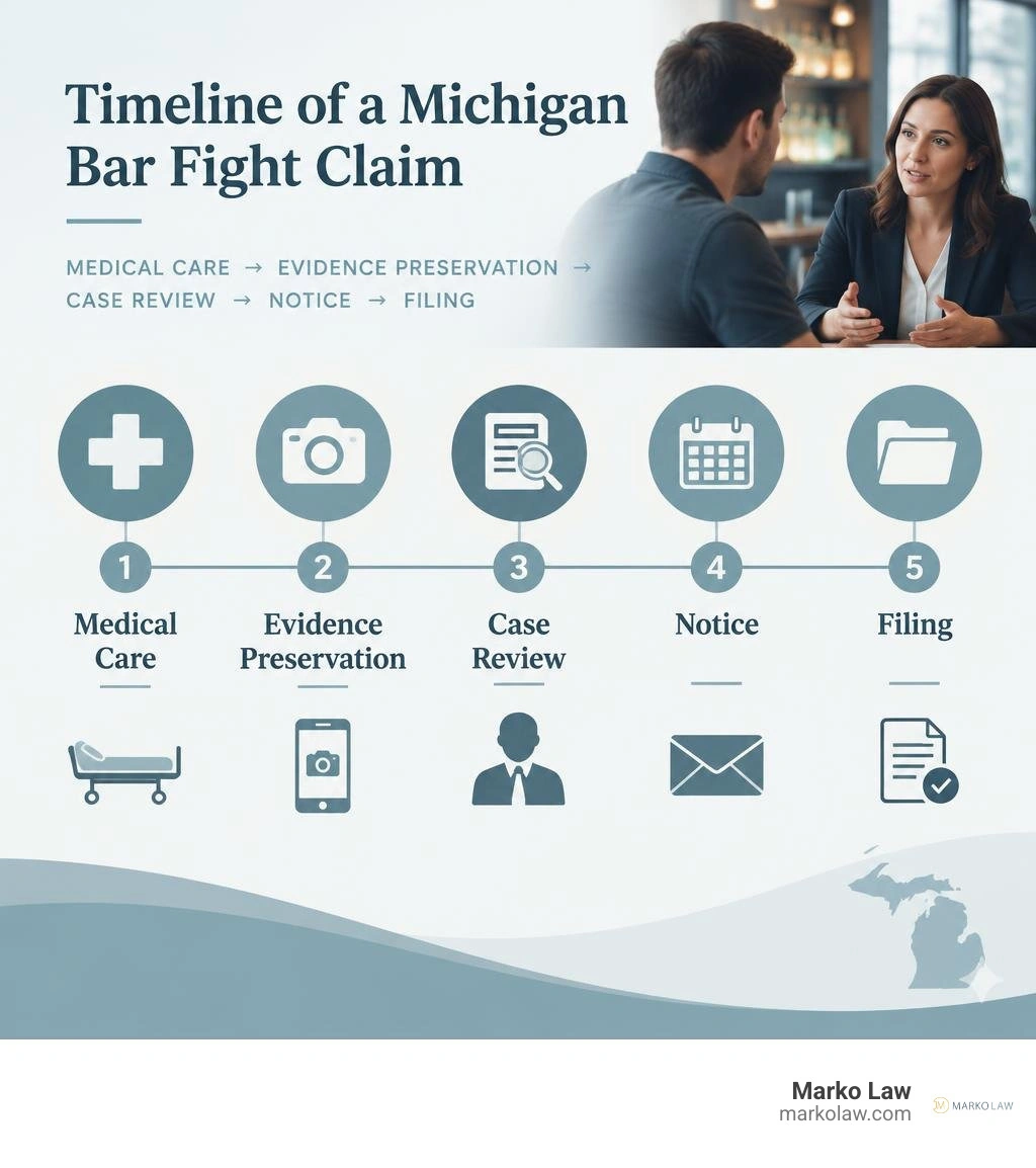 Timeline of a Michigan bar fight claim: medical care, evidence preservation, case review, notice, and filing infographic Timeline of a Michigan bar fight claim: medical care, evidence preservation, case review, notice, and filing infographic