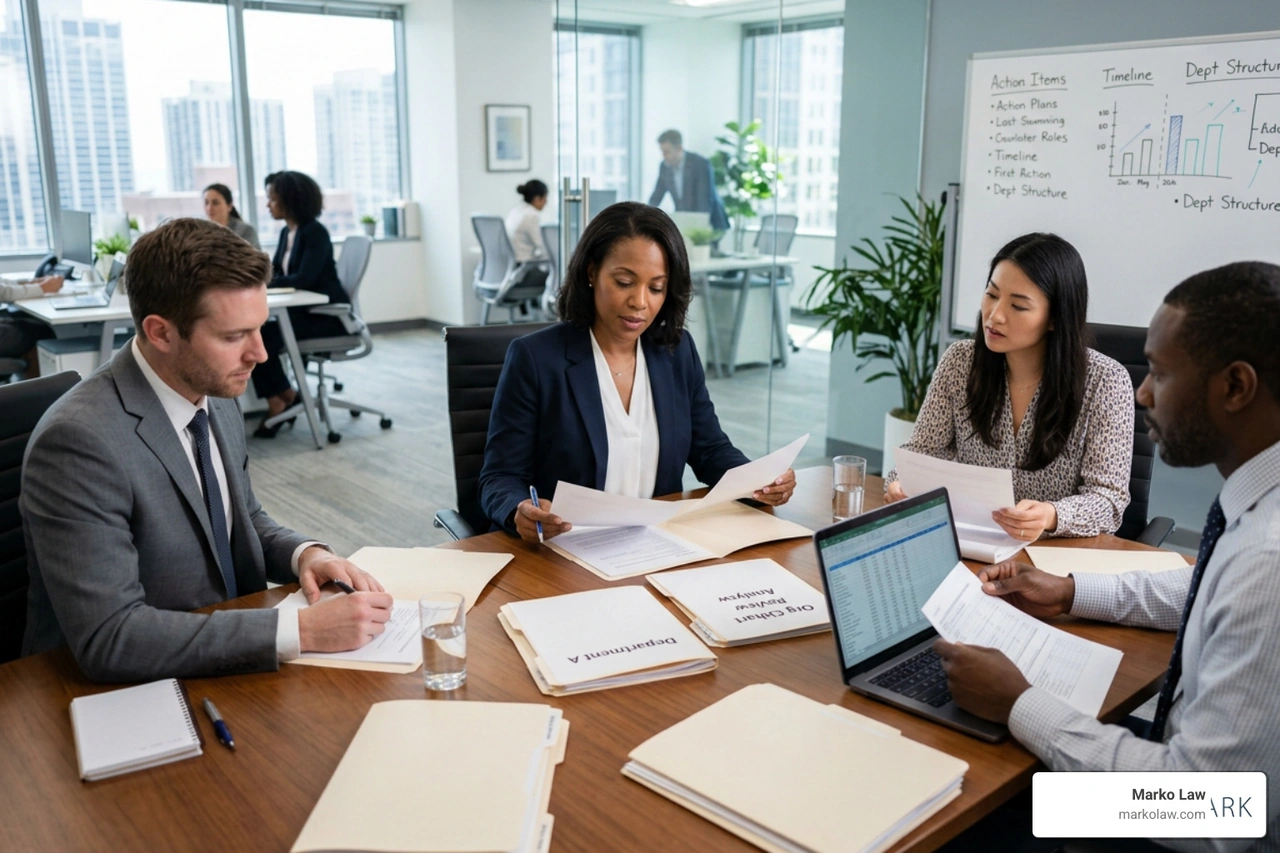 HR manager reviewing employee files during a successor in interest corporate restructuring HR manager reviewing employee files during a successor in interest corporate restructuring