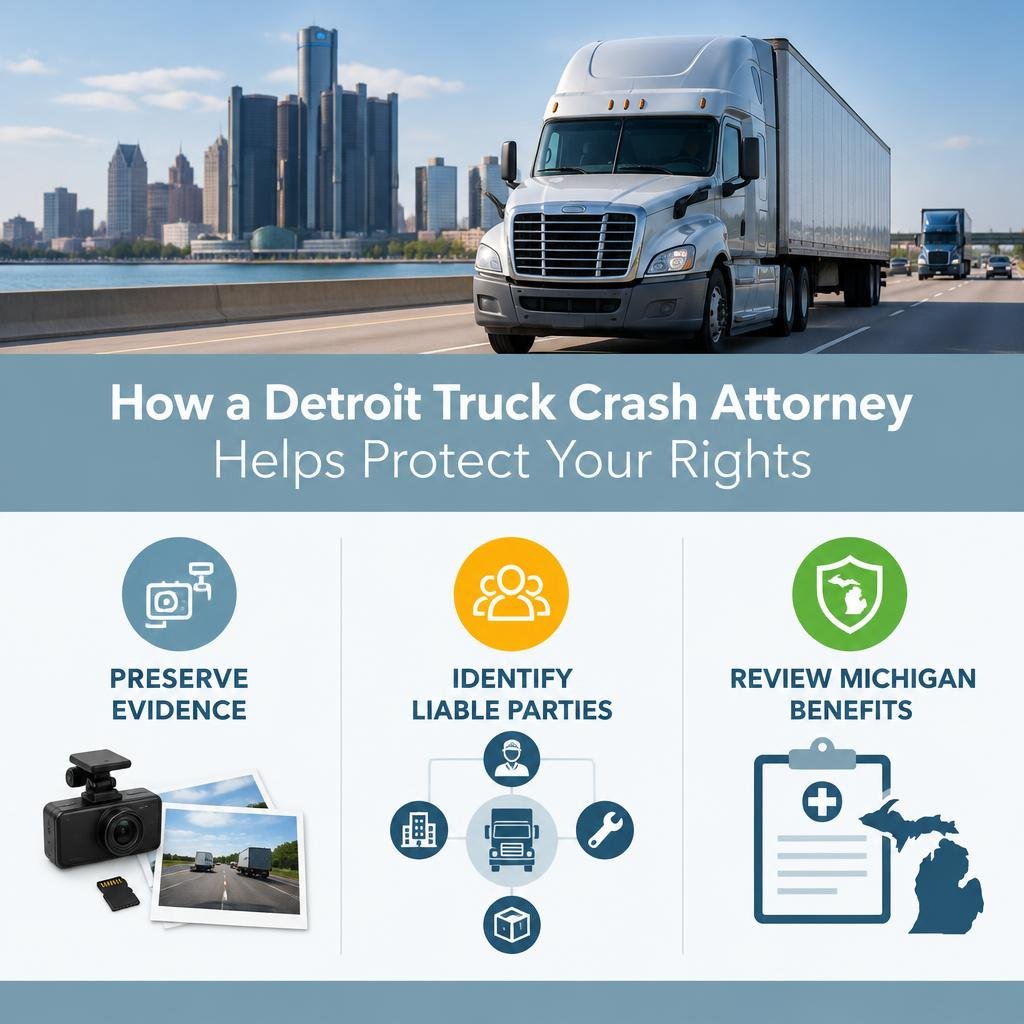 How a Detroit truck crash attorney helps: preserve evidence, identify liable parties, review Michigan benefits infographic How a Detroit truck crash attorney helps: preserve evidence, identify liable parties, review Michigan benefits infographic