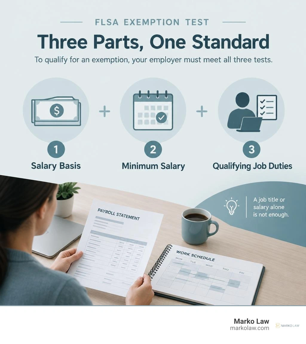 Three-part FLSA exemption test: salary basis, minimum salary, and qualifying job duties infographic