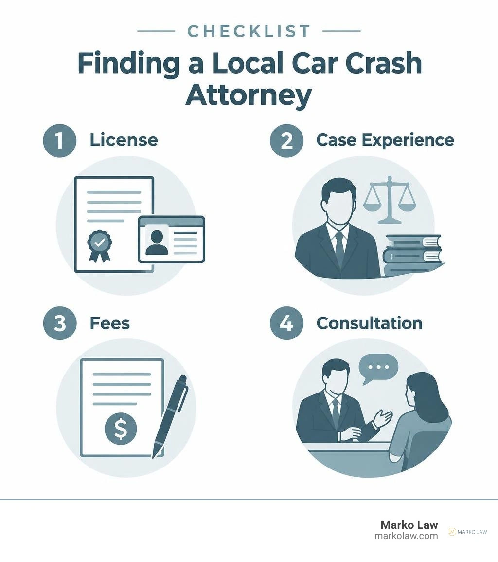 Checklist for finding a local car crash attorney: license, case experience, fees, and consultation infographic Checklist for finding a local car crash attorney: license, case experience, fees, and consultation infographic
