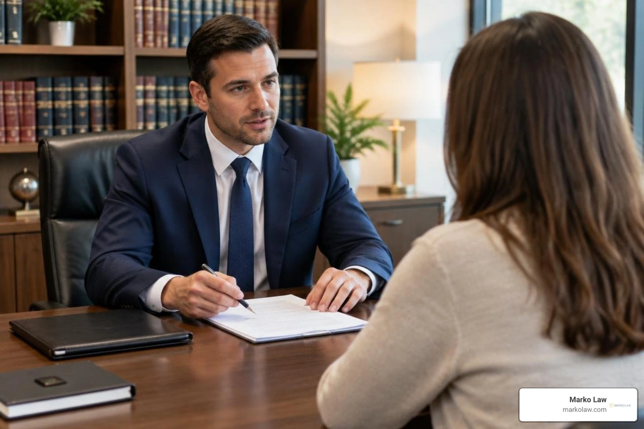 Attorney conducting an initial legal consultation with a client