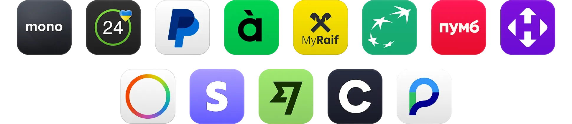 Icons of various financial and banking apps including Mono, 24, PayPal, Raiffeisen, and others arranged in two rows.