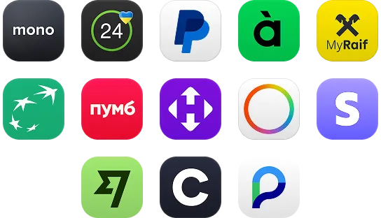 Grid of fifteen colorful finance app icons including Mono, 24, PayPal, Raif, PUMB, and others on a white background.