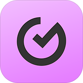 Black check mark inside a circular arrow on a purple rounded square background.