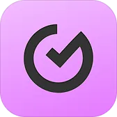 Black check mark inside a circular arrow on a purple rounded square background.