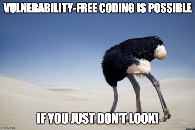 An ostrich sticking its head in the sand. The text reads "vulnerability-free coding is possible if you just don't look!"