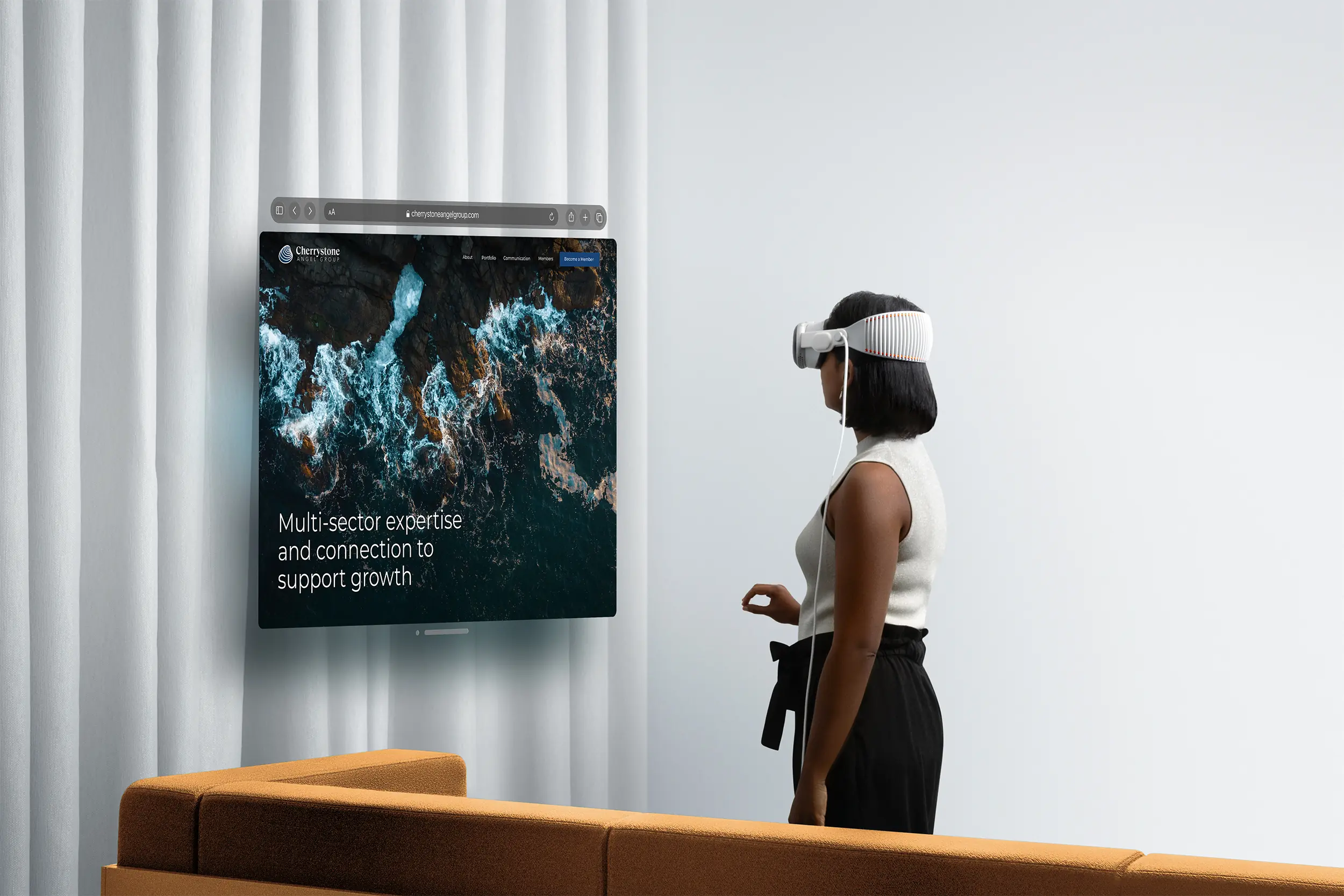 Woman using Apple Vision Pro to browse the Cherrystone website, designed by Caol