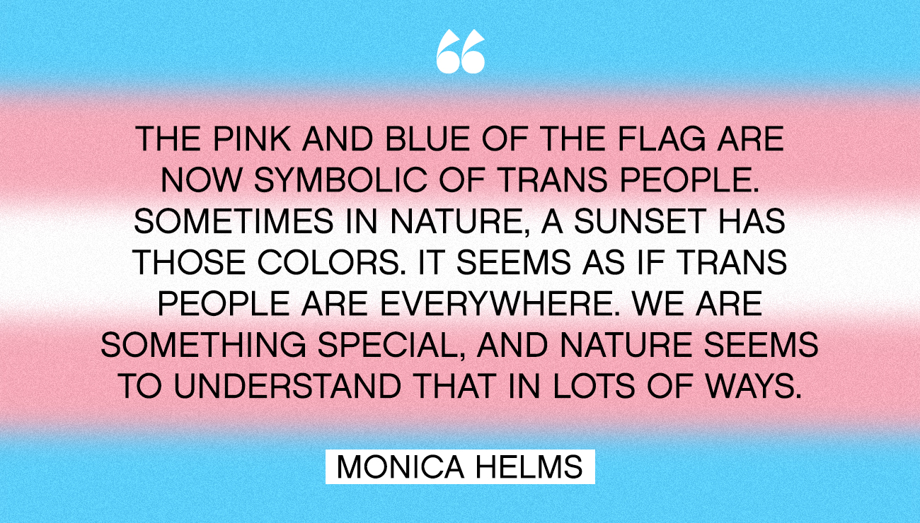 A trans flag with the quote: "The pink and blue of the flag are now symbolic of trans people. Sometimes in nature, a sunset has those colors. It seems as if trans people are everywhere. We are something special, and nature seems to understand that in lots of ways." - Monica Helms