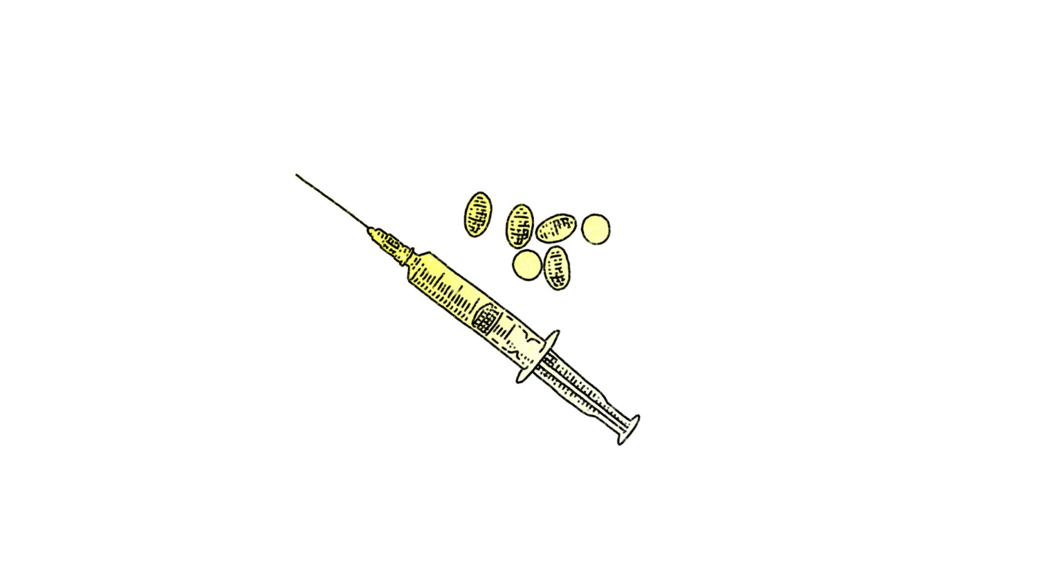 an illustration of a syringe and pills