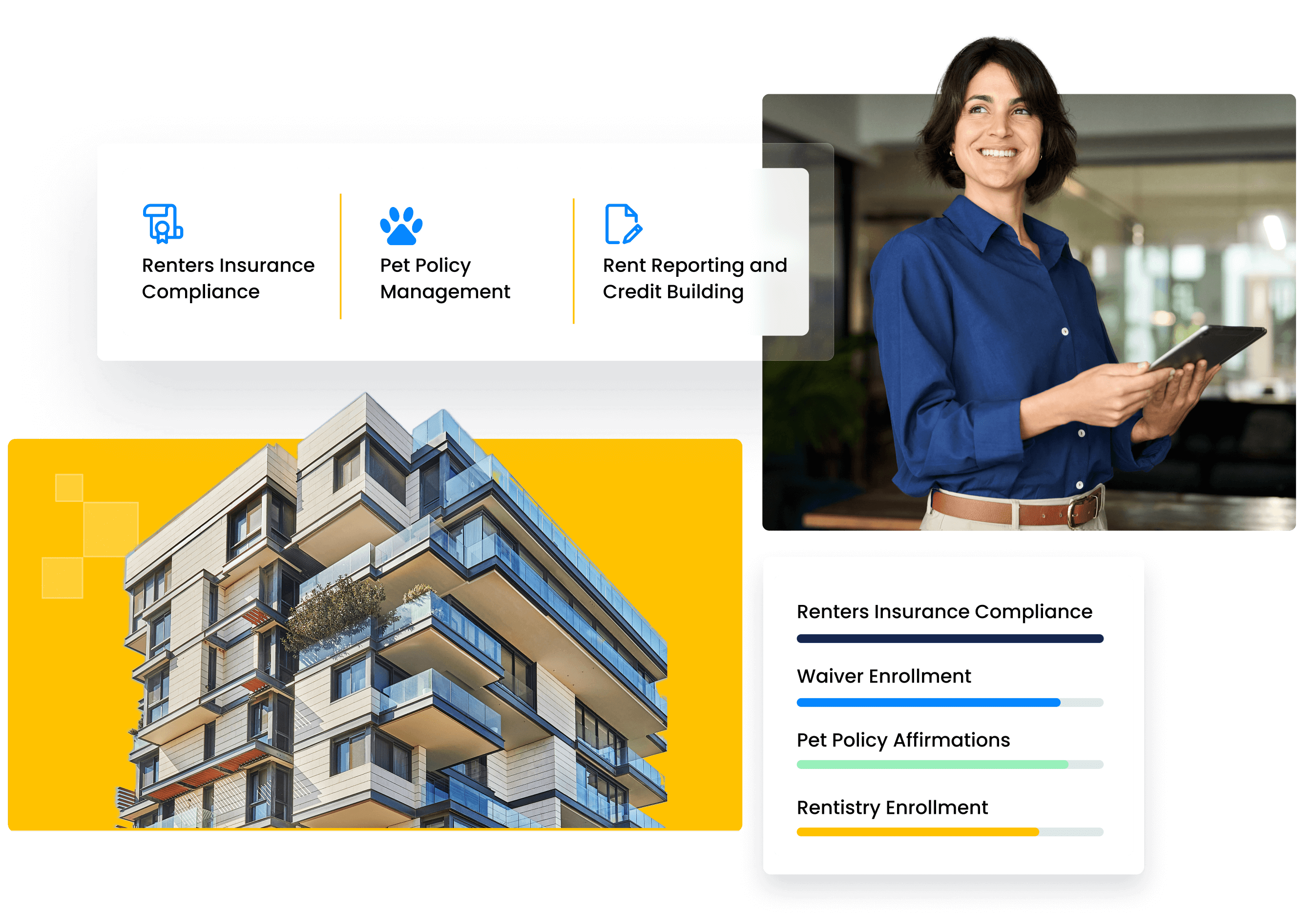 A collage image of an apartment building and a list of Foxen's product offerings.