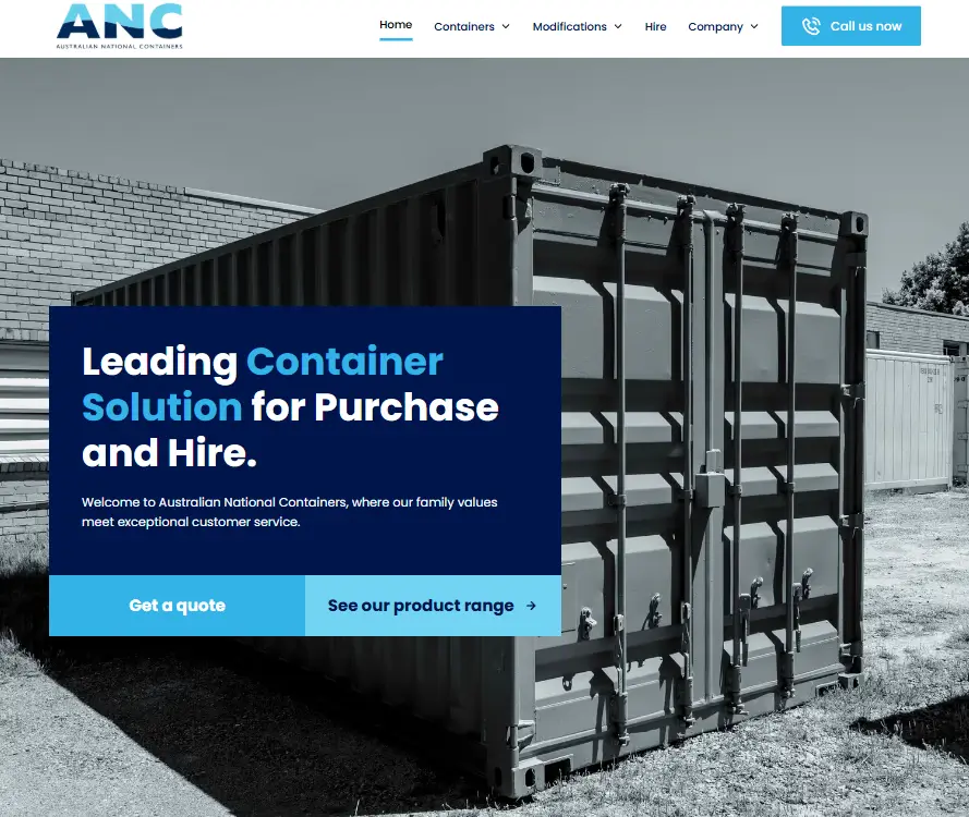 Screenshot of the AN Containers website homepage