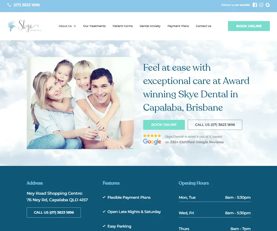 Screenshot of the Skye Dental website homepage