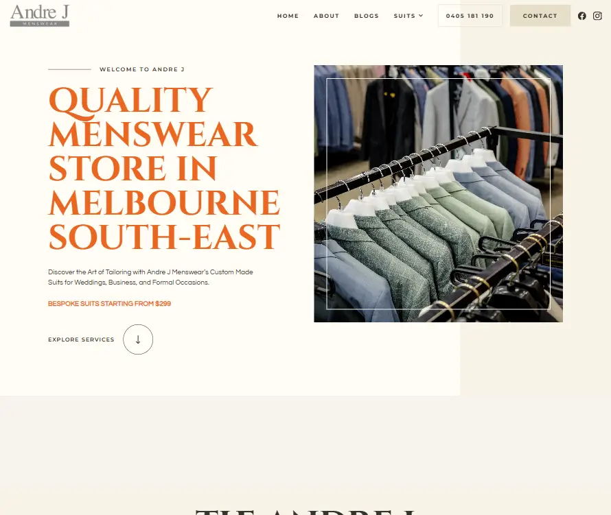 Screenshot of the Andre J Menswear website homepage